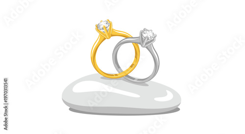 A gold diamond ring and a silver diamond ring, each with a prominent solitaire, rest intertwined on a smooth, rounded white pebble against a clean white background.