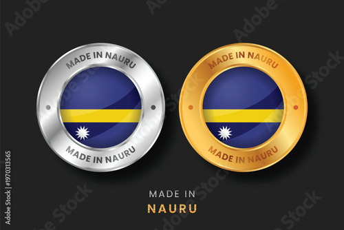 Made in Nauru Flag Badge Gold and Silver Round Metallic Labels for Product Packaging and Export