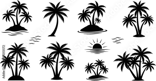 collection of black silhouette palm trees on white background for graphic design