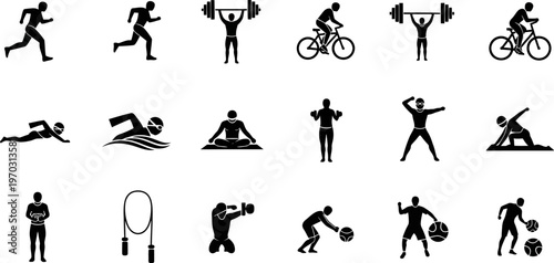 Collection of various sports and fitness activities icons with people exercising and playing different sports