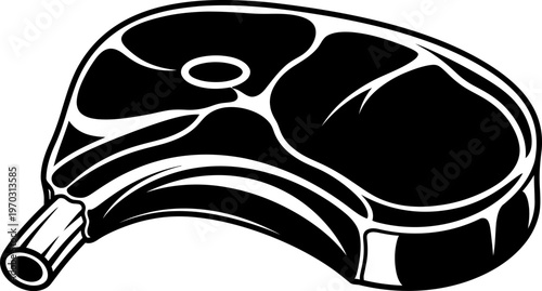 A black and white drawing of a raw ribeye steak with bone  raw meat