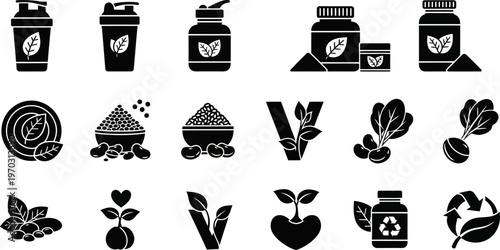 Black silhouettes of various eco friendly and healthy lifestyle icons on white background