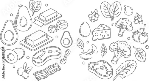 A collection of various food items including fruits vegetables and meats illustrated in a line drawing style for healthy eating and nutrition concepts