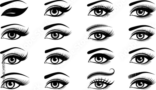 black and white illustrations of various female eyes and eyebrows and one lip