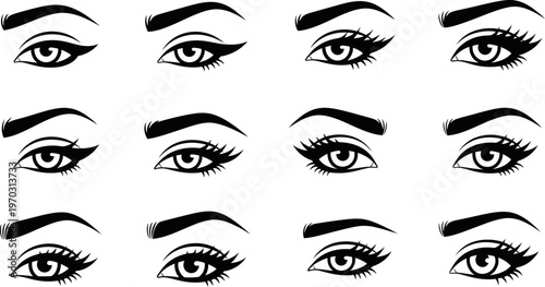 black and white illustrations of various female eyes and eyebrows and one lip