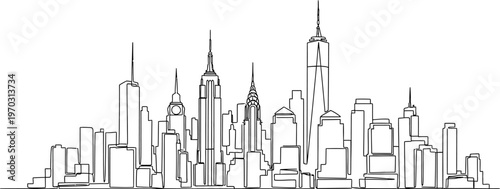 New York City skyline illustration with skyscrapers and buildings in black line art on transparent background