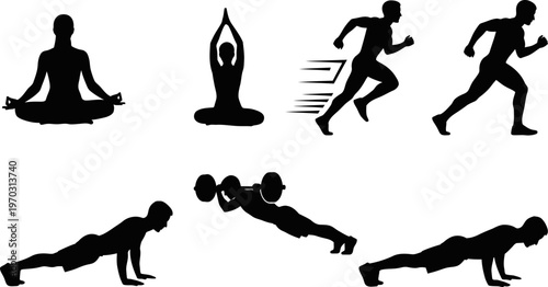 Black silhouettes of people doing various exercises and yoga poses  running lifting weights and meditating in different positions