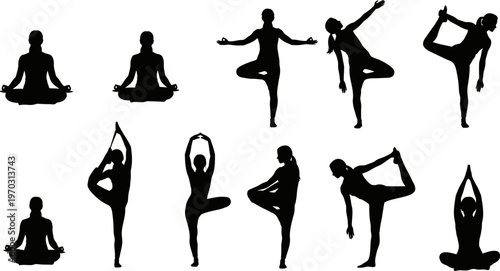 set of various yoga poses for flexibility and balance in different stances and meditation