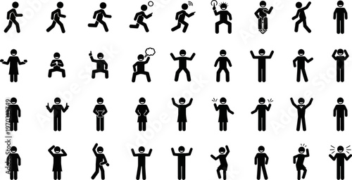 Collection of stick figures in various poses and actions on white background