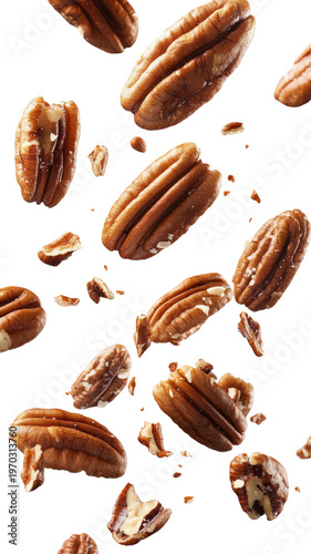 Scattered pecan nuts falling from sky overhead on transparent background, healthy snack food concept.