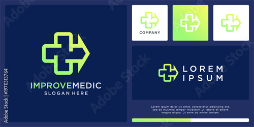 Improvement medic logo design with arrow and cross