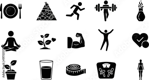 Black silhouette icons for healthy lifestyle and wellness concepts on white background