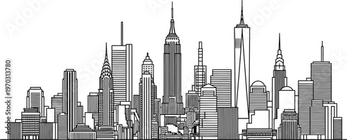 New York City skyline illustration with skyscrapers and buildings in black lines on transparent background