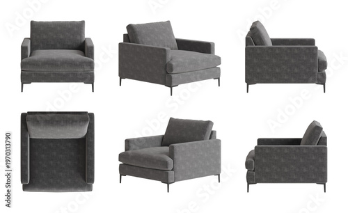 Set of six views of an armchair with a dark gray velvet cover, black metal legs isolated on a transparent background. Front view, top view, two sides, two perspectives.3d render