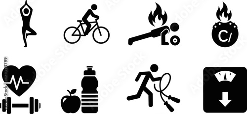 Black silhouette icons of people exercising and healthy living symbols