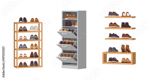 Three different types of shoe storage solutions, including an open rack, a closed cabinet, and floating shelves, are filled with various pairs of footwear.