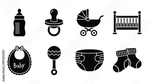 A collection of black silhouette icons depicting essential baby items including feeding tools sleepwear and care accessories high quality professional detailed