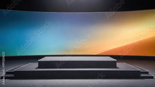 Empty podium arranged on curved gradient backdrop stage