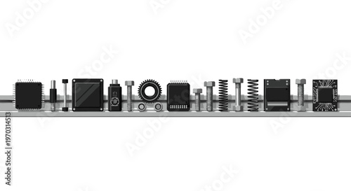 A diverse collection of mechanical and electronic components is meticulously arranged in a straight line on a gray rail against a stark white background.