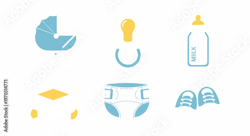 Baby essentials illustration stroller pacifier bottle blocks diaper shoes