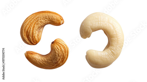 Two cashew nuts, one roasted and one raw, side by side on a transparent background