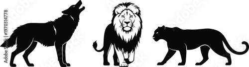 Predator animal silhouettes wolf lion and panther isolated on transparent