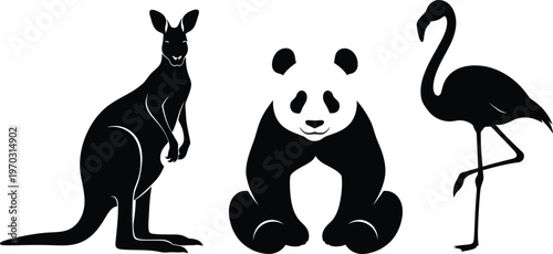 Kangaroo, panda, and flamingo vector animal silhouettes collection on transparent background