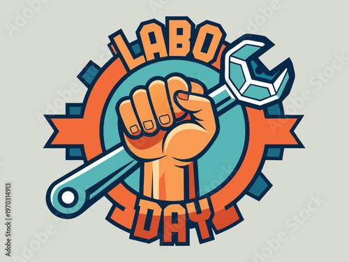 Fist gripping a wrench inside a gear labeled labo day for a work celebration theme