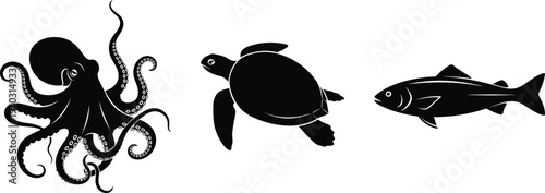 Octopus, turtle, and fish vector animal silhouettes collection on transparent background