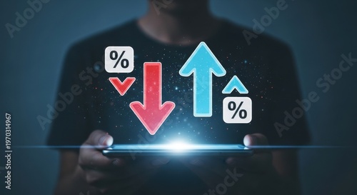 Financial interest rate fluctuations concept, glowing percentage icons with up and down arrows on smartphone, economic inflation and deflation analysis
