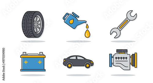 Automotive icons set tire oil wrench battery car and engine