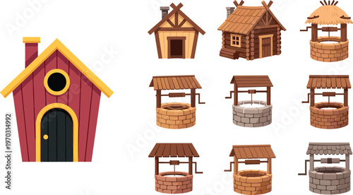 Colorful Birdhouse and Stone Well Set with Various Roof Designs for Garden, Outdoor, and Rustic Nature Projects