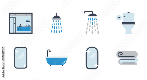 Bathroom vector icons set of shower toilet bathtub and mirror design