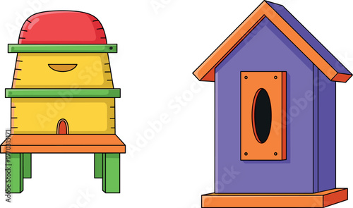 Colorful Bee Hive and Birdhouse Set with Vibrant Red, Yellow, Green, and Purple Designs for Garden and Wildlife Projects