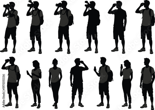 Silhouettes of photographers and travelers using cameras and smartphones, people with backpacks, urban lifestyle, technology, communication, isolated black figures