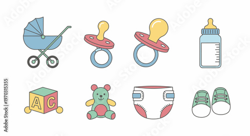 Baby essentials pram pacifiers bottle toy blocks bear diaper and shoes