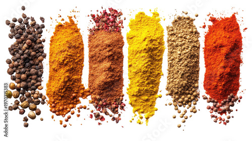 Variety of spice powders and peppercorns arranged in lines over transparent background, cooking ingredients.