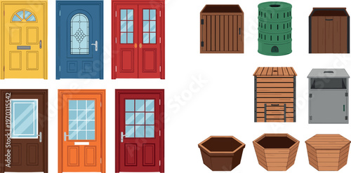 Colorful Door and Planter Collection with Various Designs for Home, Garden, and Outdoor Projects
