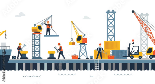 A clean flat vector artwork depicting workers maintaining and repairing harbor docks and equipment, using simple industrial shapes, a modern flat design, and a white background.