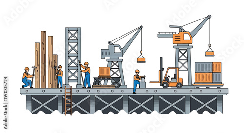 A flat vector image showing harbor workers fixing dock infrastructure and equipment, designed with simple industrial forms, a modern flat design style, and a white background.