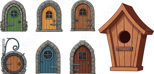 Whimsical Wooden Door and Birdhouse Collection with Colorful Designs for Fantasy, Garden, and Nature Projects