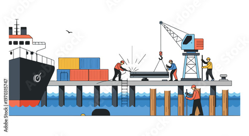 A minimal flat vector illustration of workers repairing dock structures and equipment at a harbor, featuring simple industrial shapes, a modern flat design, and a white background.