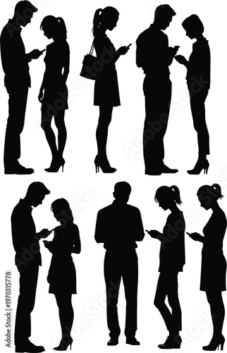 Group of people silhouettes using smartphones social media addiction modern communication isolation technology urban lifestyle digital connection concept illustration theme
