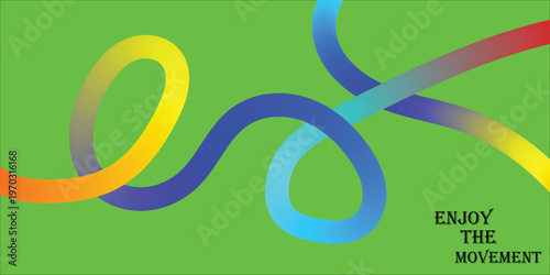 Vibrant and dynamic abstract illustration featuring a flowing, gradient-colored ribbon against a bright green background, symbolizing energetic movement and creative design