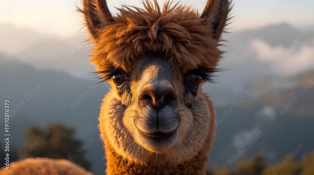 Naklejka premium Sunrise Llama Portrait: The image showcases a llama against a picturesque mountain backdrop bathed in the soft glow of sunrise, radiating a serene and captivating charm.