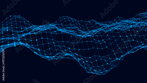 Vector blue wireframe network wave on dark background. Connected nodes and lines form flowing digital mesh landscape. Futuristic technology data visualization.

