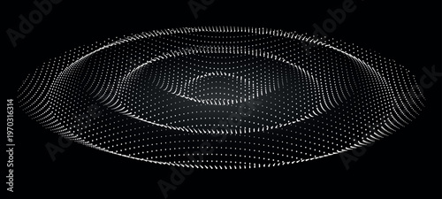 Abstract white particle ring on black background. Glowing dotted torus forms futuristic digital vortex. Technology data visualization.
