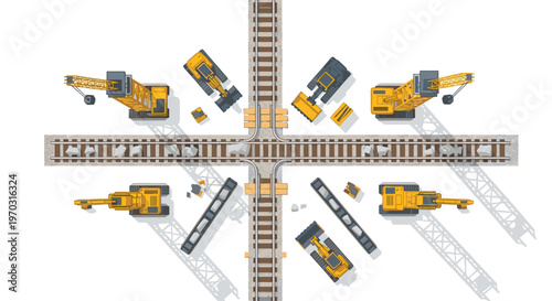 An aerial view shows a railroad intersection with two perpendicular tracks surrounded by yellow construction vehicles on a white background.