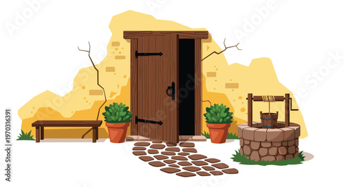 An old wooden door in a yellow stucco wall is depicted with a stone path, two potted plants, a wooden bench, and a stone well.