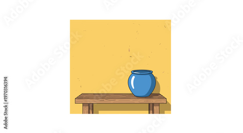 A blue ceramic pot sits on a wooden bench against a textured yellow wall in a simple illustration.